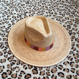 Stylish Tan Wide-Brim Hat with Multicolor Band